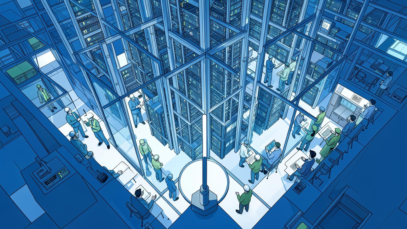 Illustration of safety evaluators overseeing a frontier AI data center